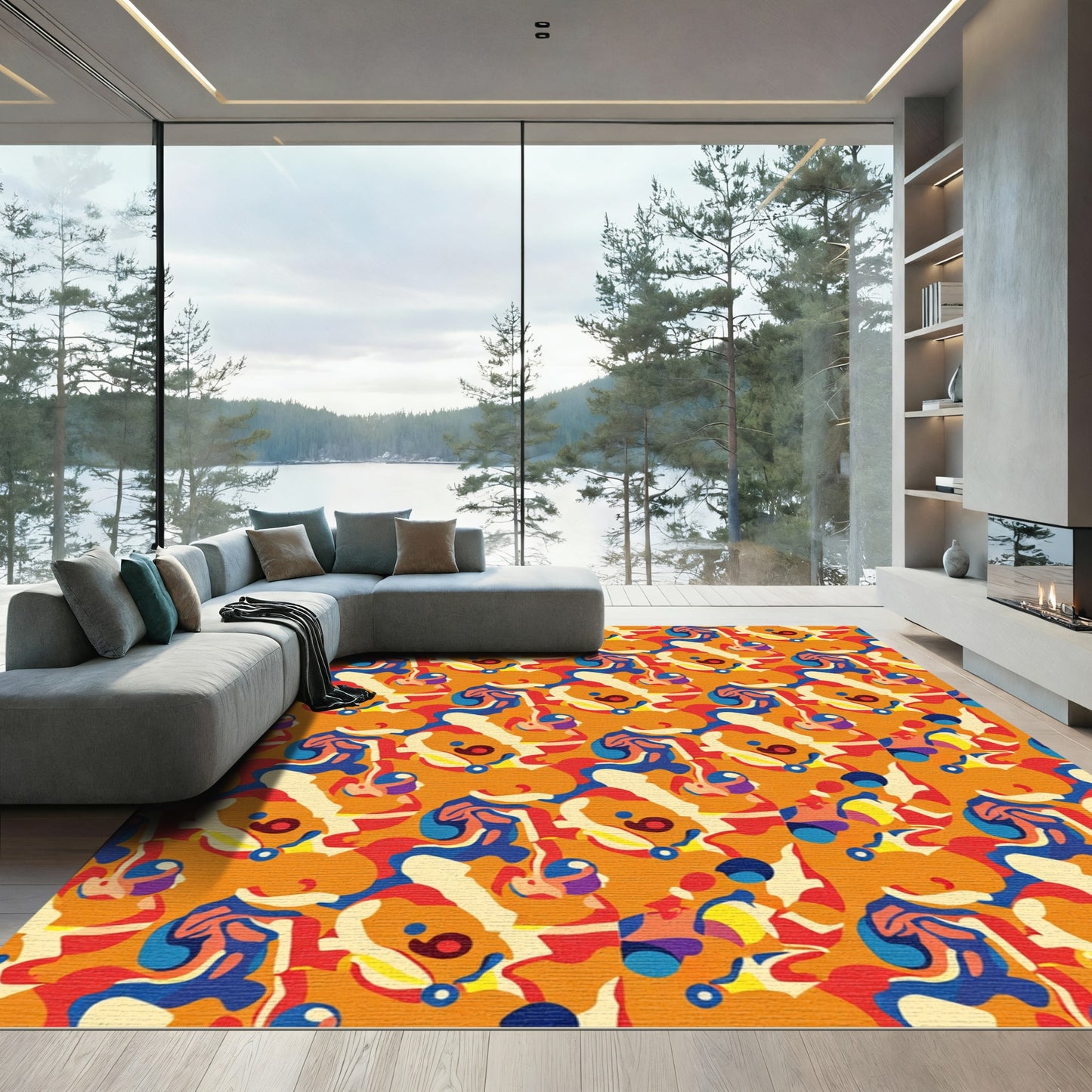 Vibrant Orange Abstract Swirls Rug