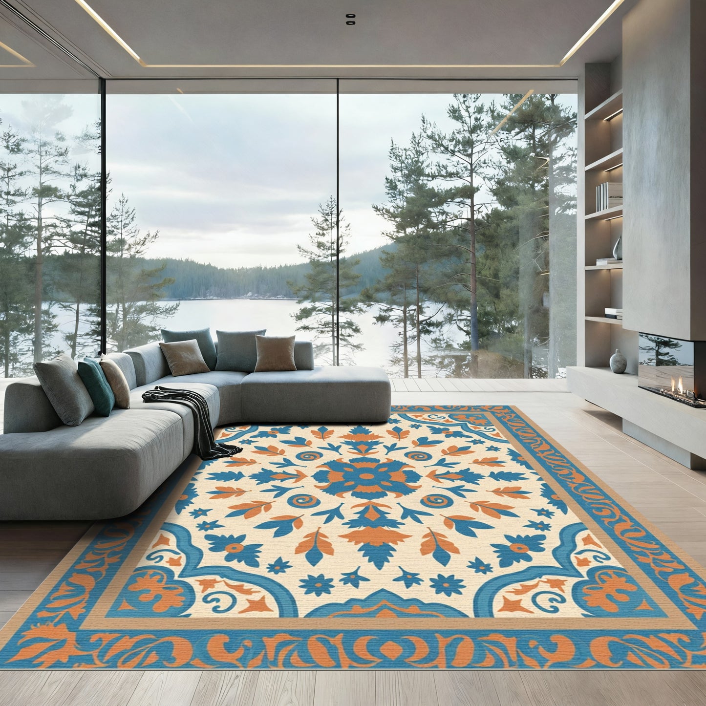 Teal Orange Floral Medallion Border Rug