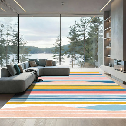 Abstract Coral Blue Yellow Stripe Rug