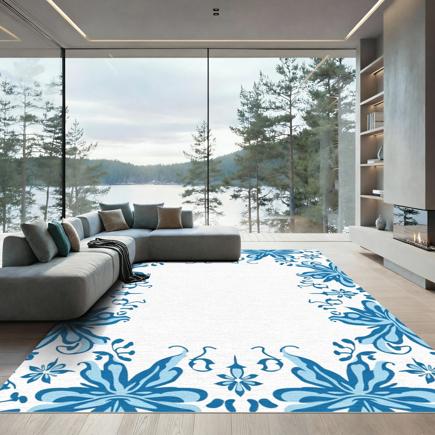 Blue Floral Swirl Border Rug