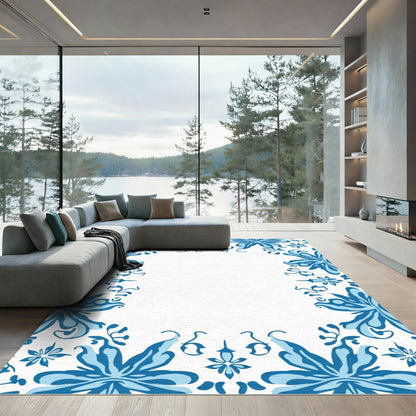 Blue Floral Swirl Border Rug