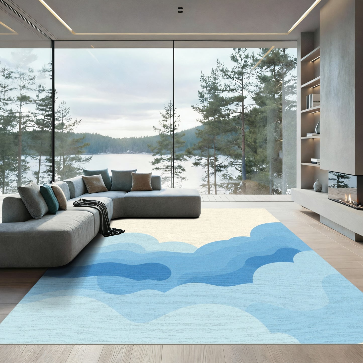 Aqua Blue Layered Cloudscape Abstract Rug