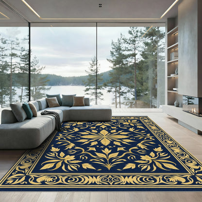 Deep Blue Golden Floral Ornament Rug