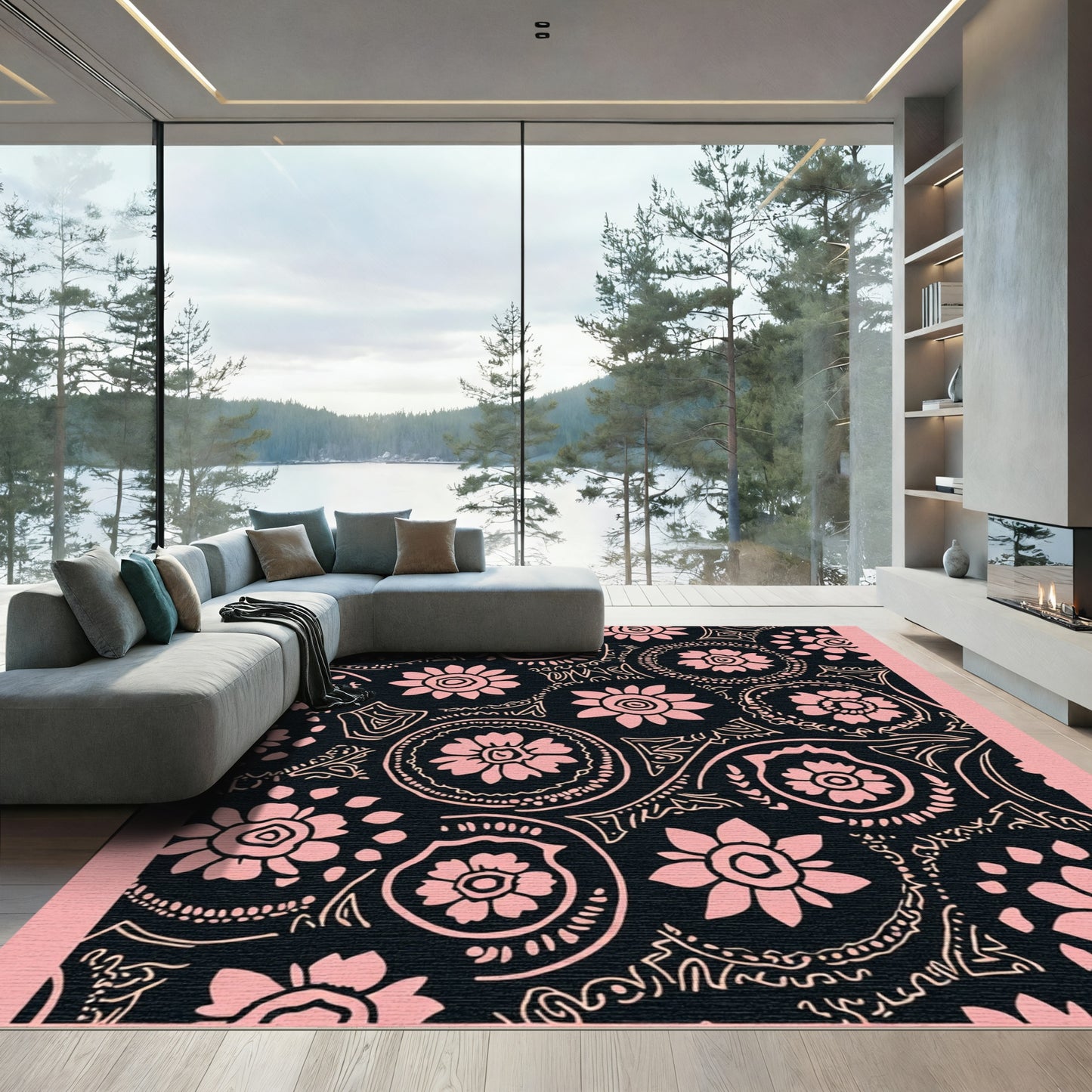 Pink Floral Medallion Black Background Rug