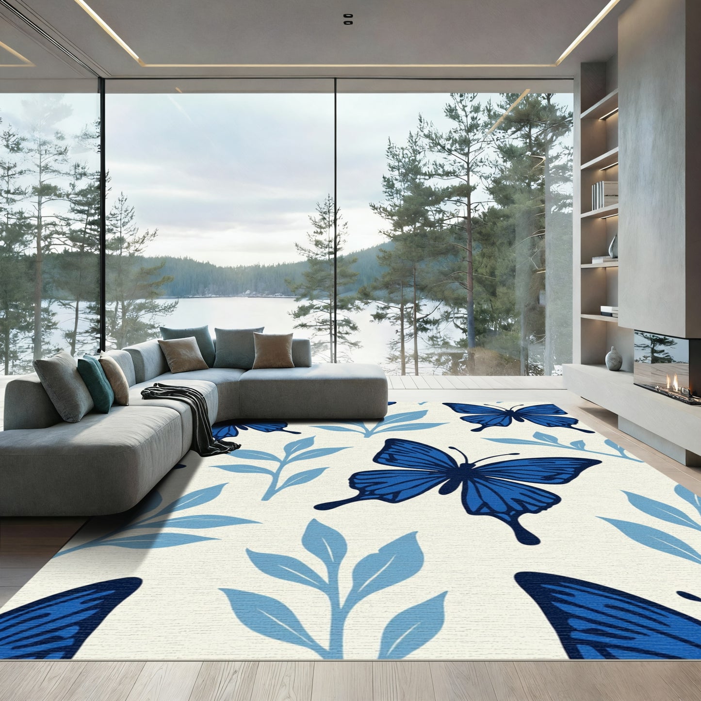Deep Blue Butterfly Leaf Medallion Rug