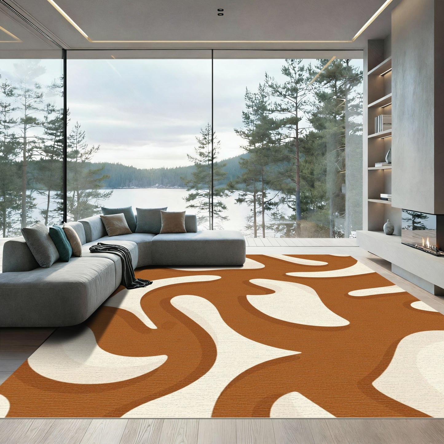 Warm Brown Cream Abstract Swirl Rug