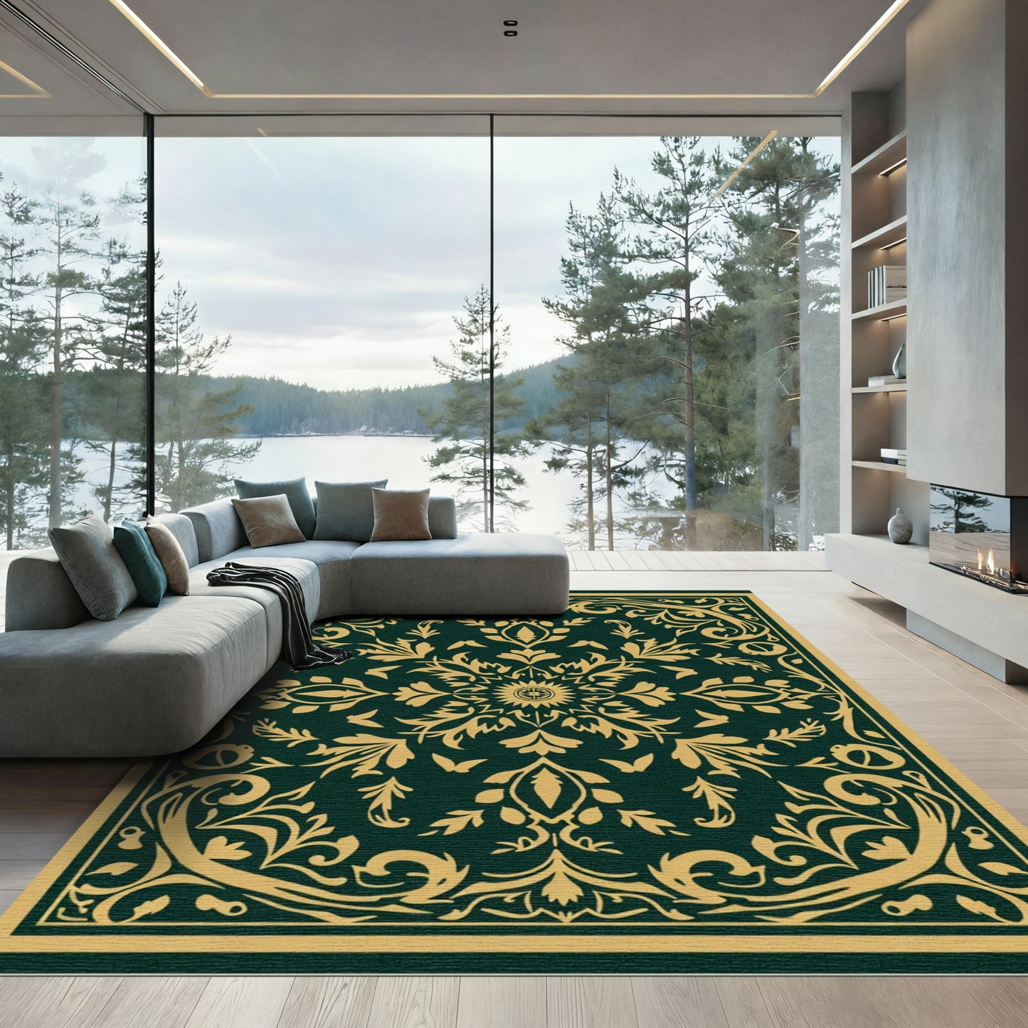 Golden Floral Medallion Emerald Rug