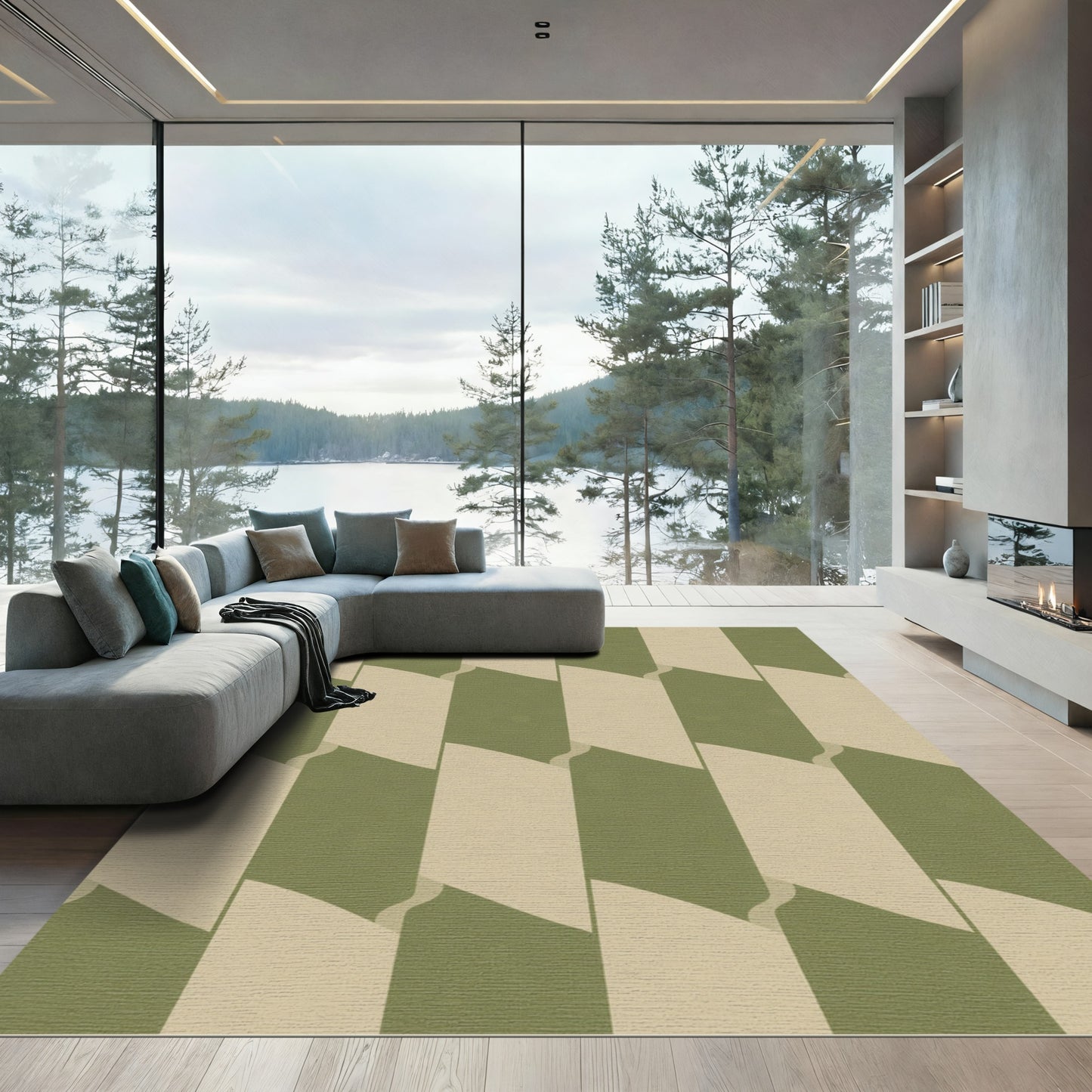 Sage Olive Geometric Overlay Rug