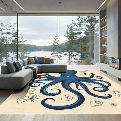 Deep Blue Octopus Nautical Collage Rug