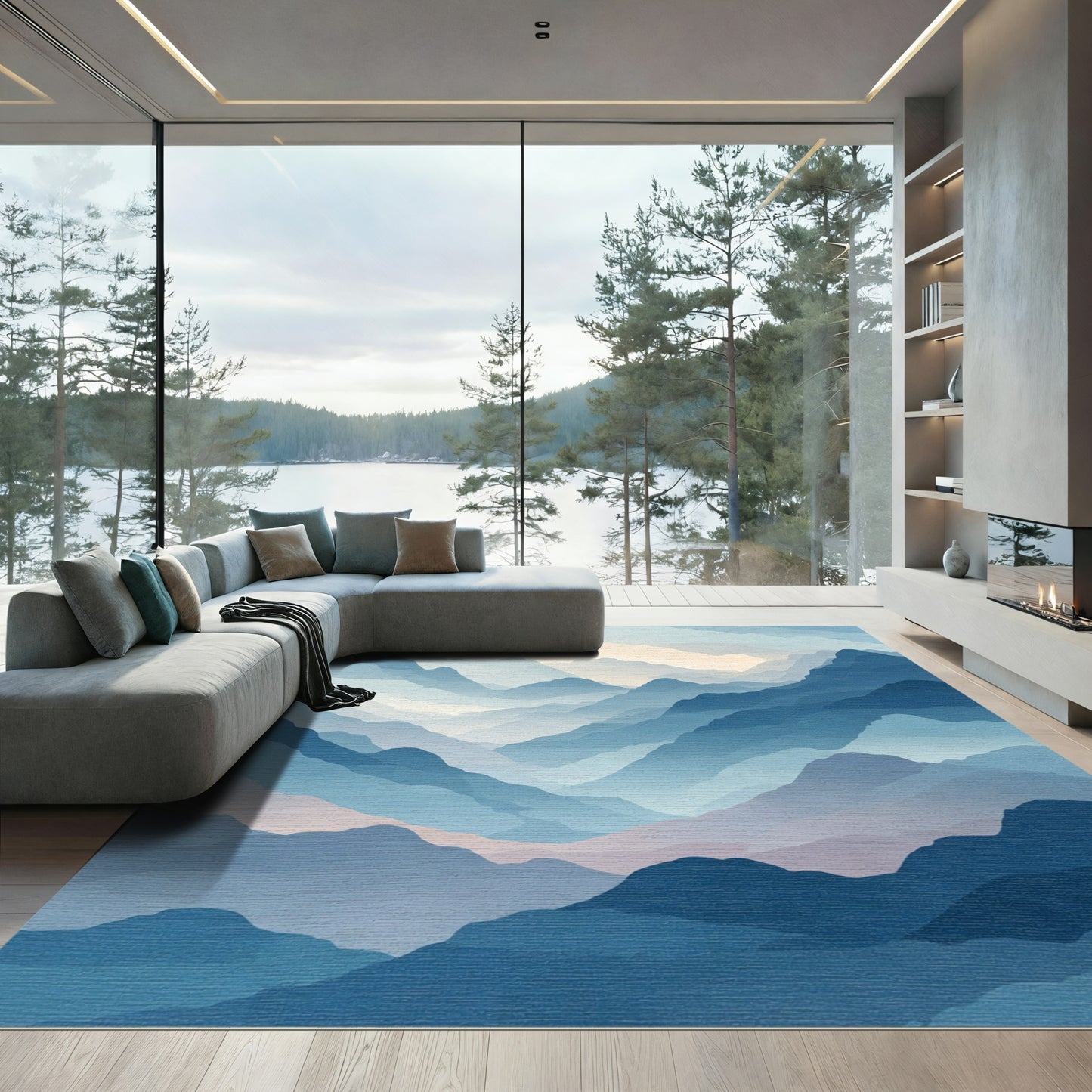 Misty Blue Hazy Mountain Layers Rug