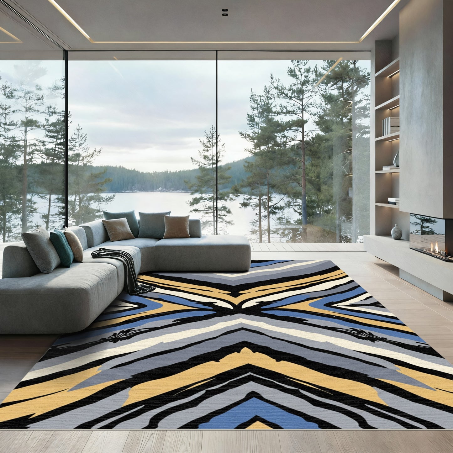 Bold Yellow Blue Gray Chevron Stripes Rug