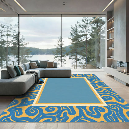Bold Blue Yellow Swirl Frame Rug
