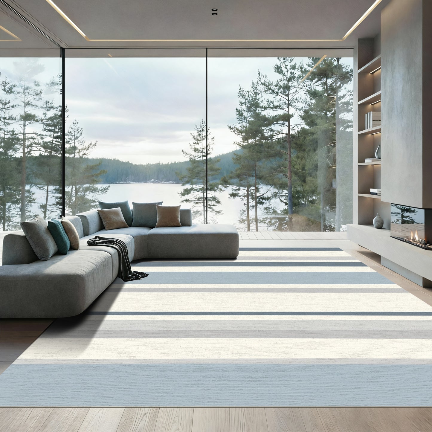 Calm Blue Gray Horizontal Stripe Rug
