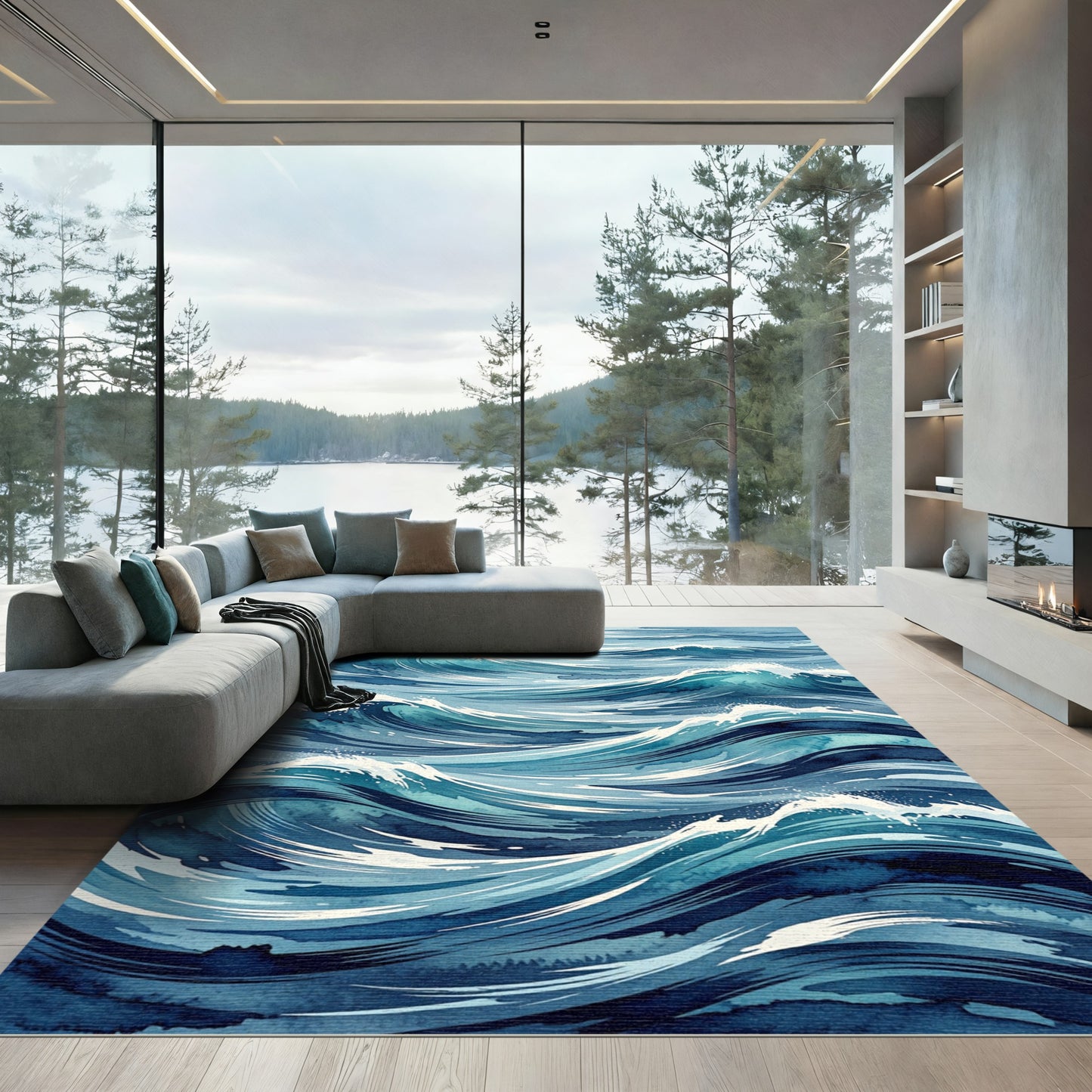 Dynamic Blue Ocean Wave Splash Rug