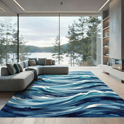 Dynamic Blue Ocean Wave Splash Rug