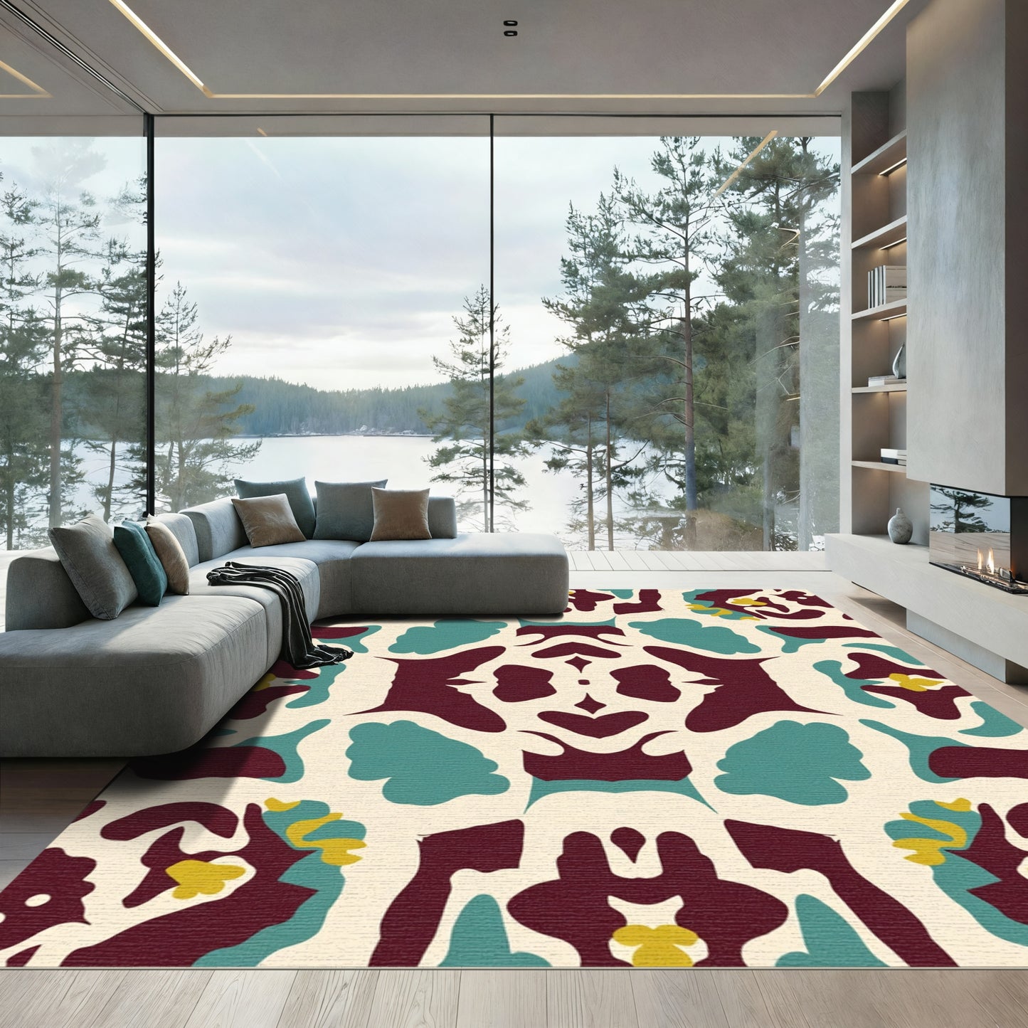 Classic Teal Burgundy Floral Mandala Rug