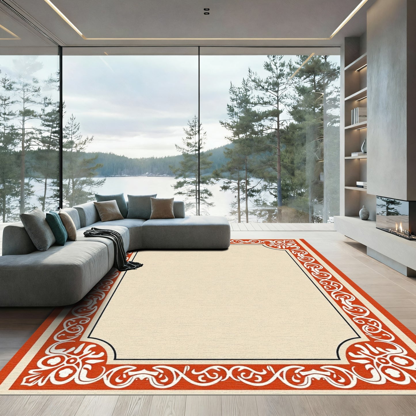 Classic Red White Floral Border Rug
