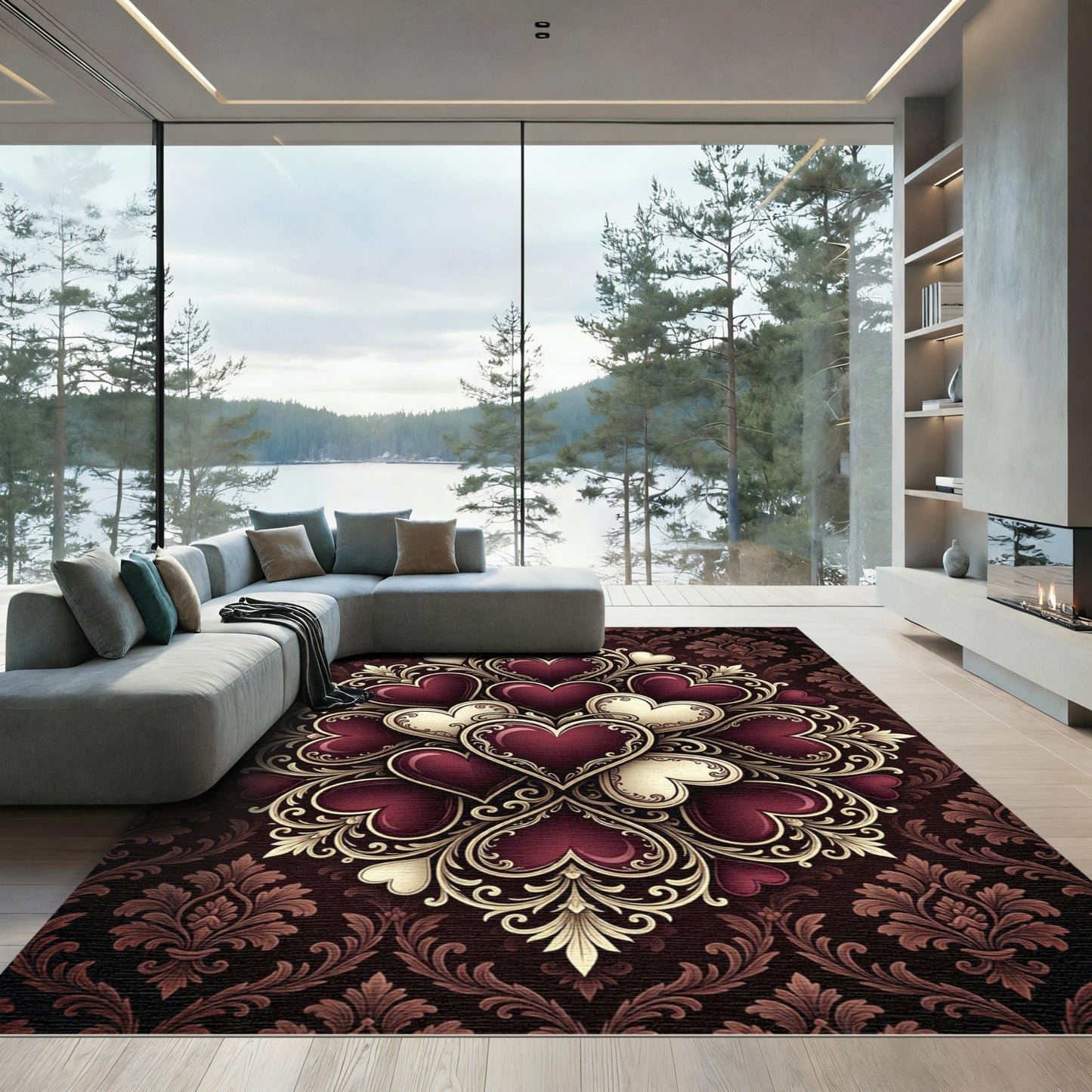 Crimson Gold Heart Mandala Arrangement Rug