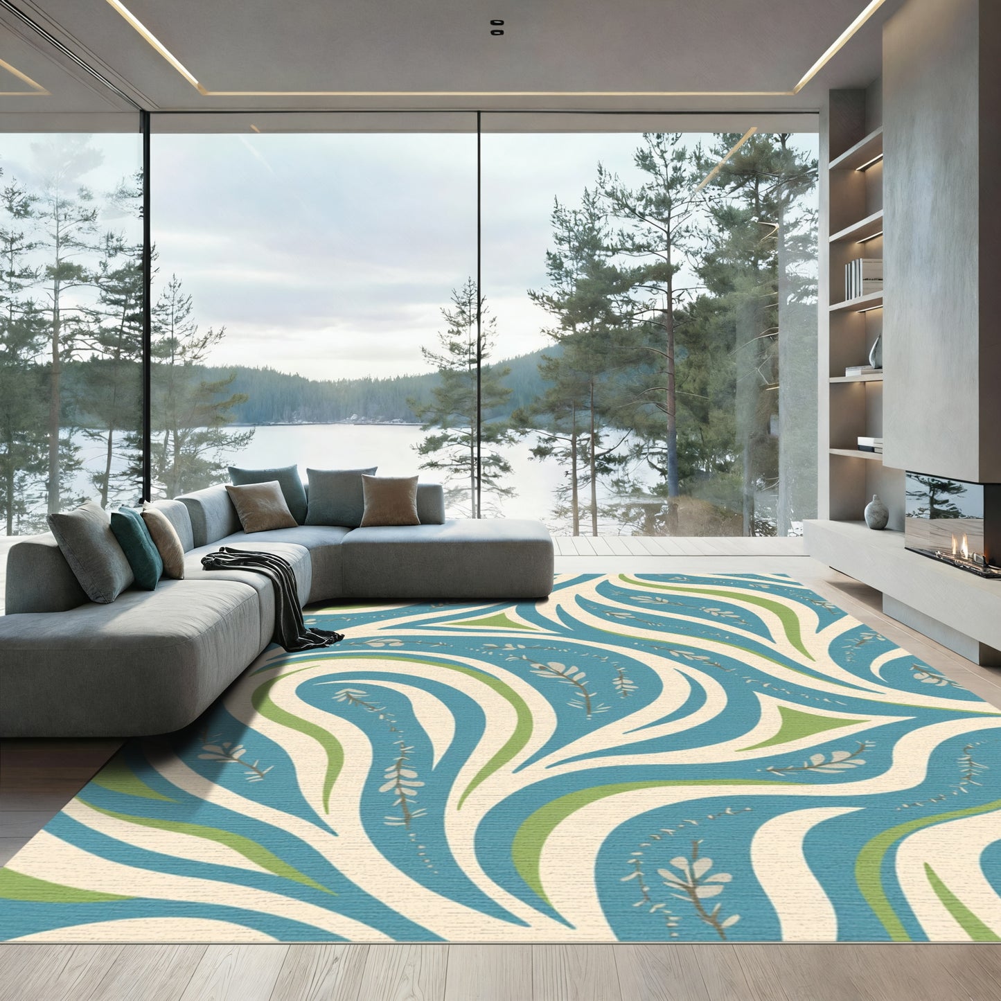 Abstract Blue Green Cream Floral Flow Rug