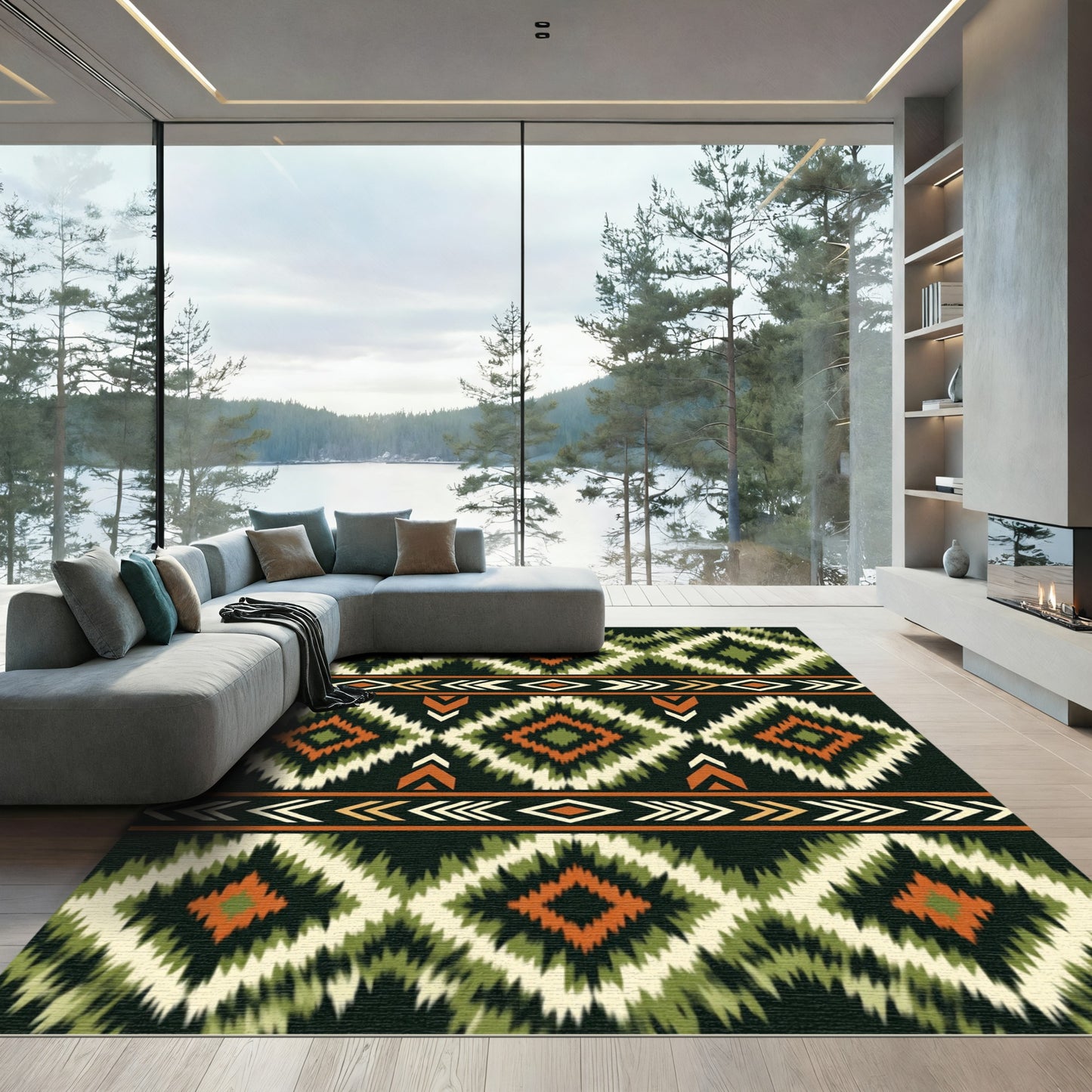 Tribal Diamond Green Orange Stripe Rug