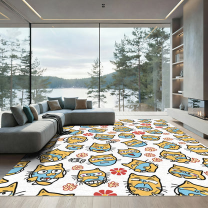 Wacky Yellow Blue Cat Faces Rug