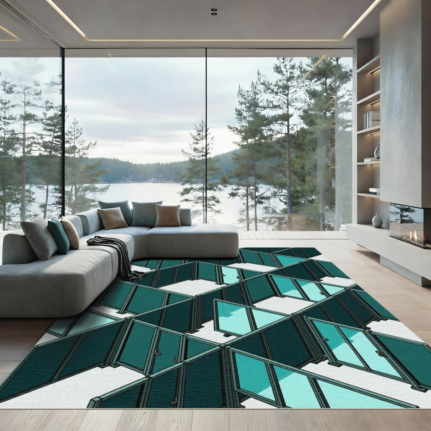 Teal Geometric Cubicle Maze Rug
