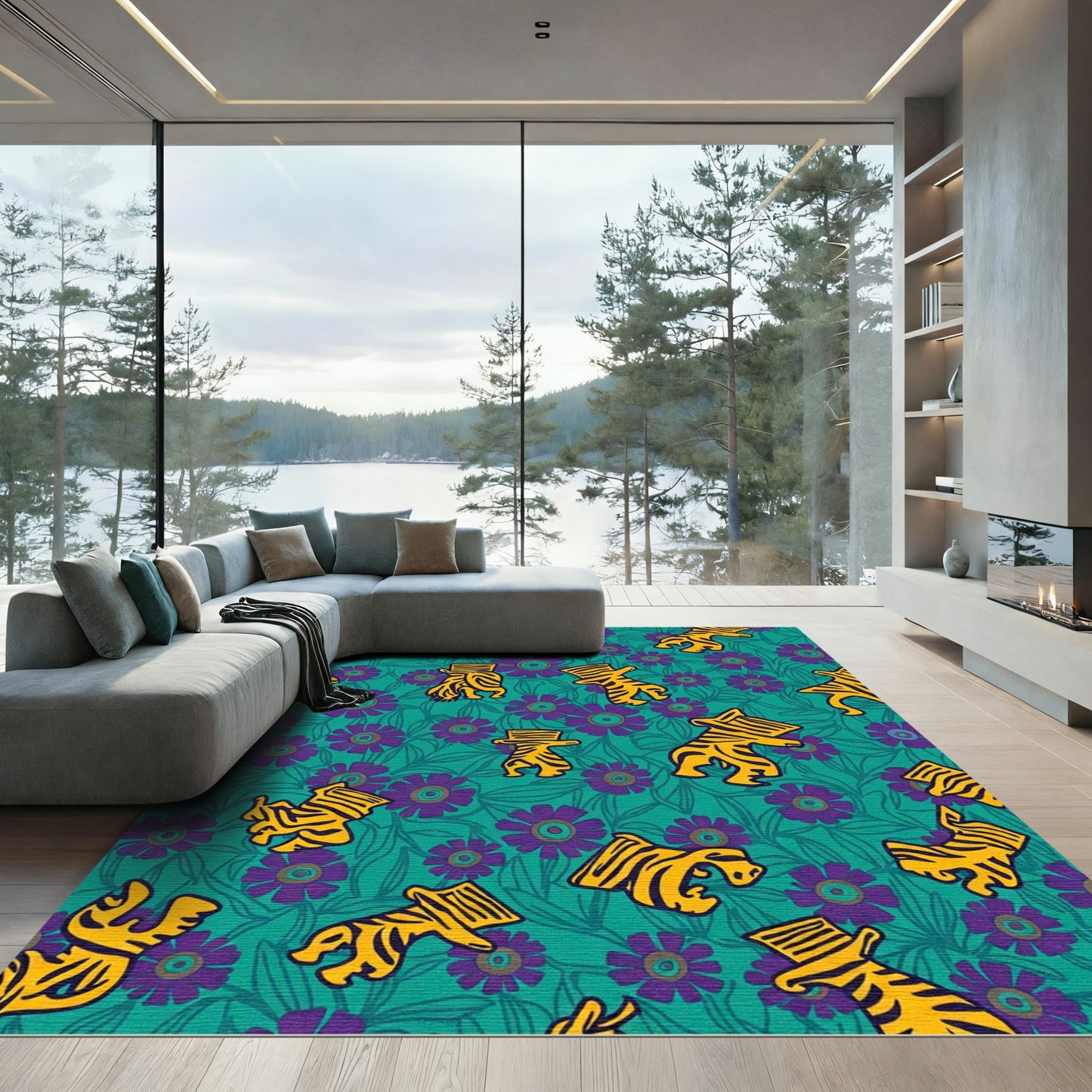 Teal Purple Tiger Floral Garden Rug