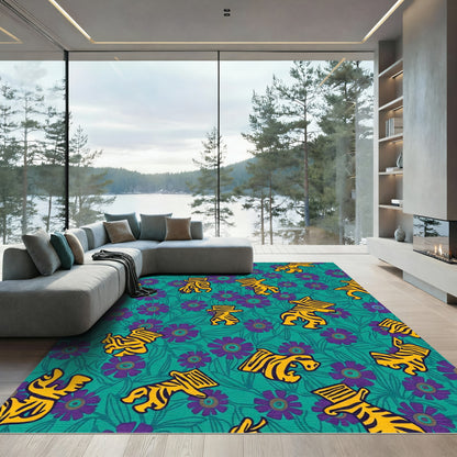 Teal Purple Tiger Floral Garden Rug