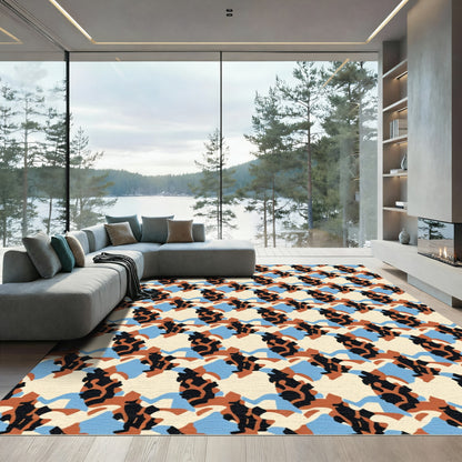 Abstract Terracotta Black Blue Shapes Rug