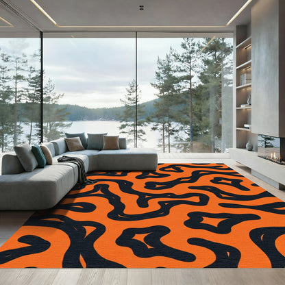 Orange Black Abstract Line Art Rug