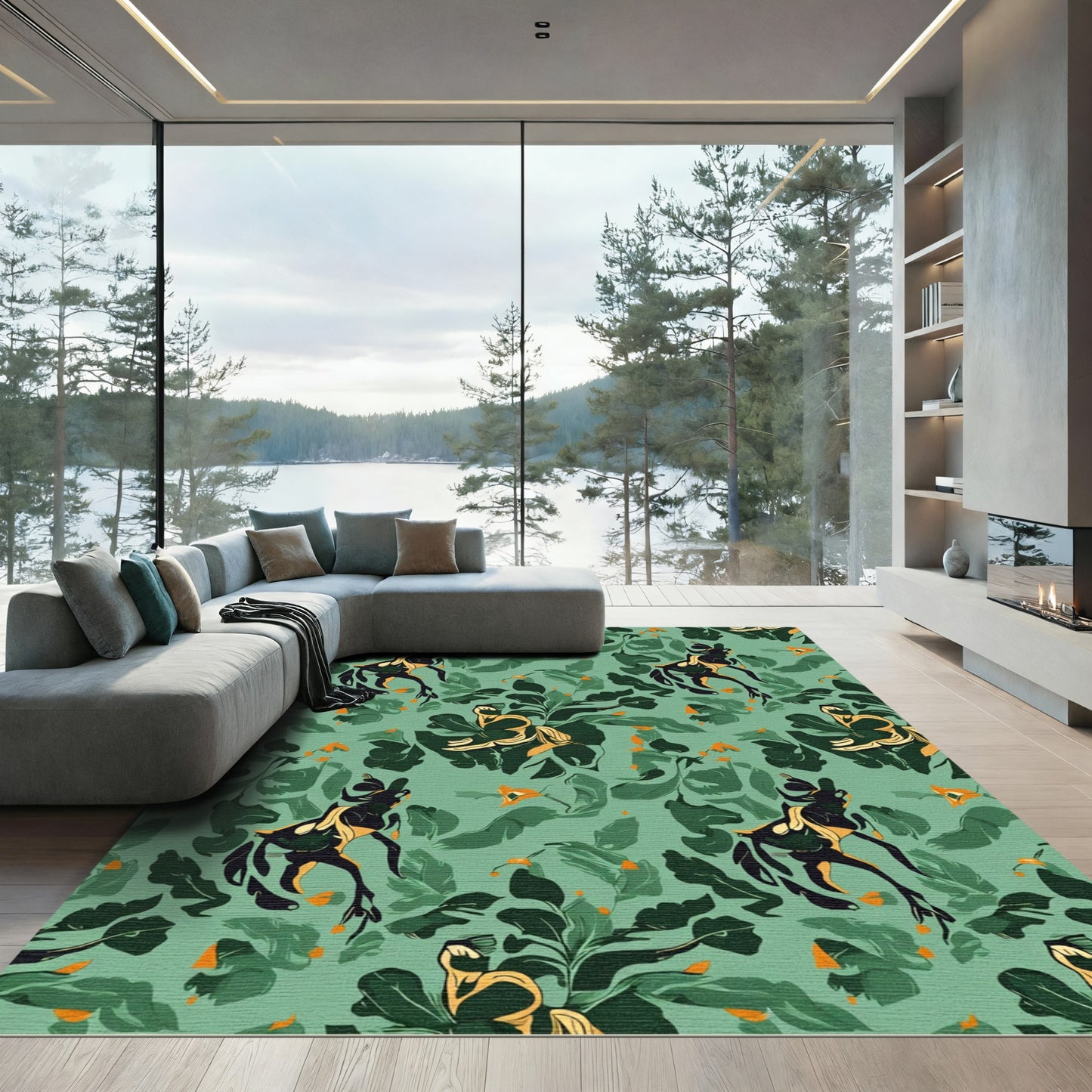 Muted Green Abstract Horse Foliage Rug