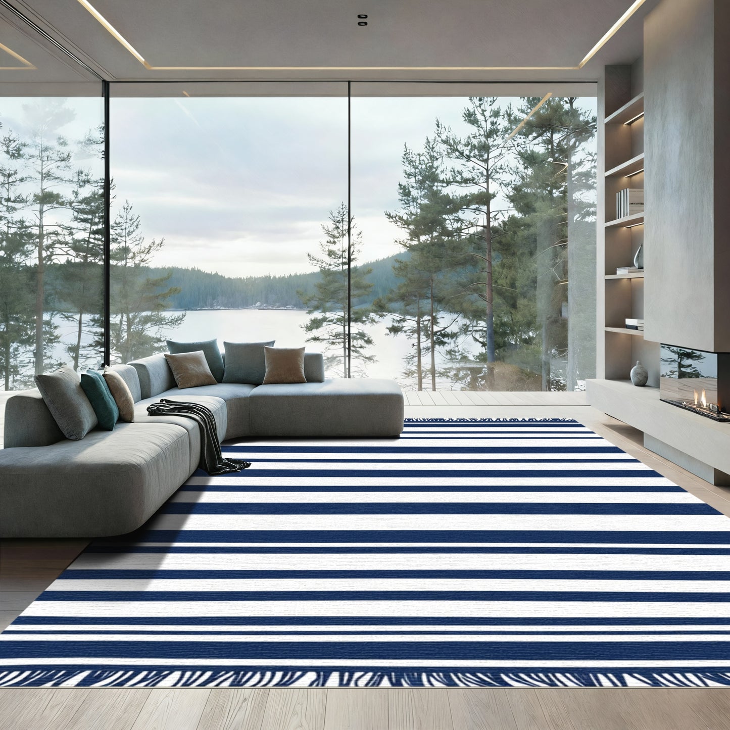Nautical Navy White Stripe Blanket Rug