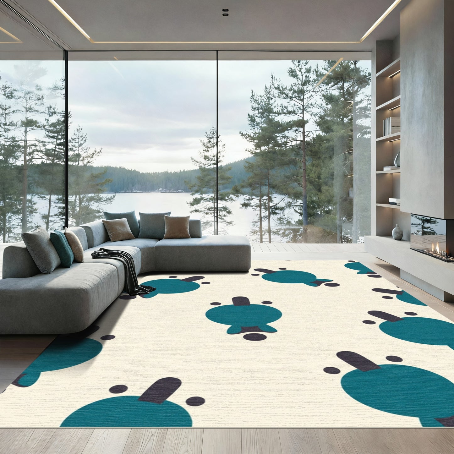 Teal And Gray Abstract Geometric Rug