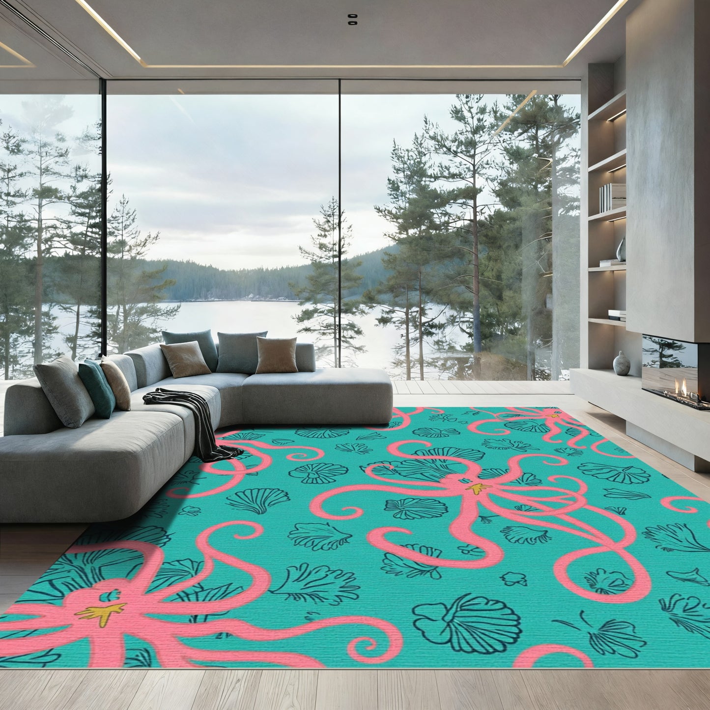 Pink Octopus Coral Teal Ocean Rug