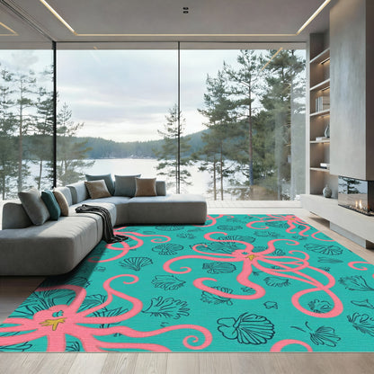 Pink Octopus Coral Teal Ocean Rug