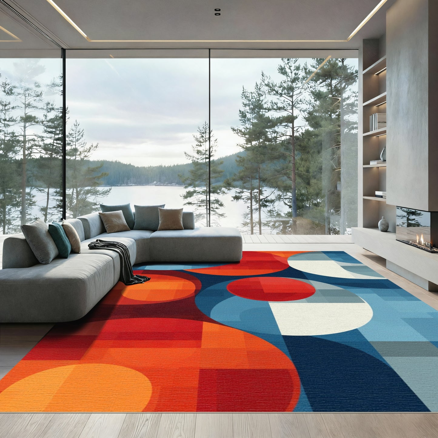 Modern Abstract Red Blue Circles Rug