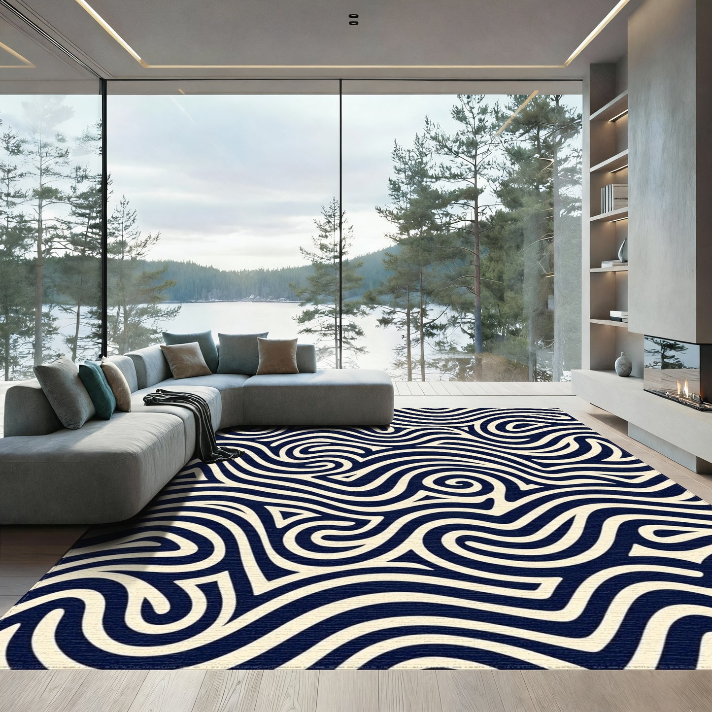 Navy Cream Swirling Waves Rug