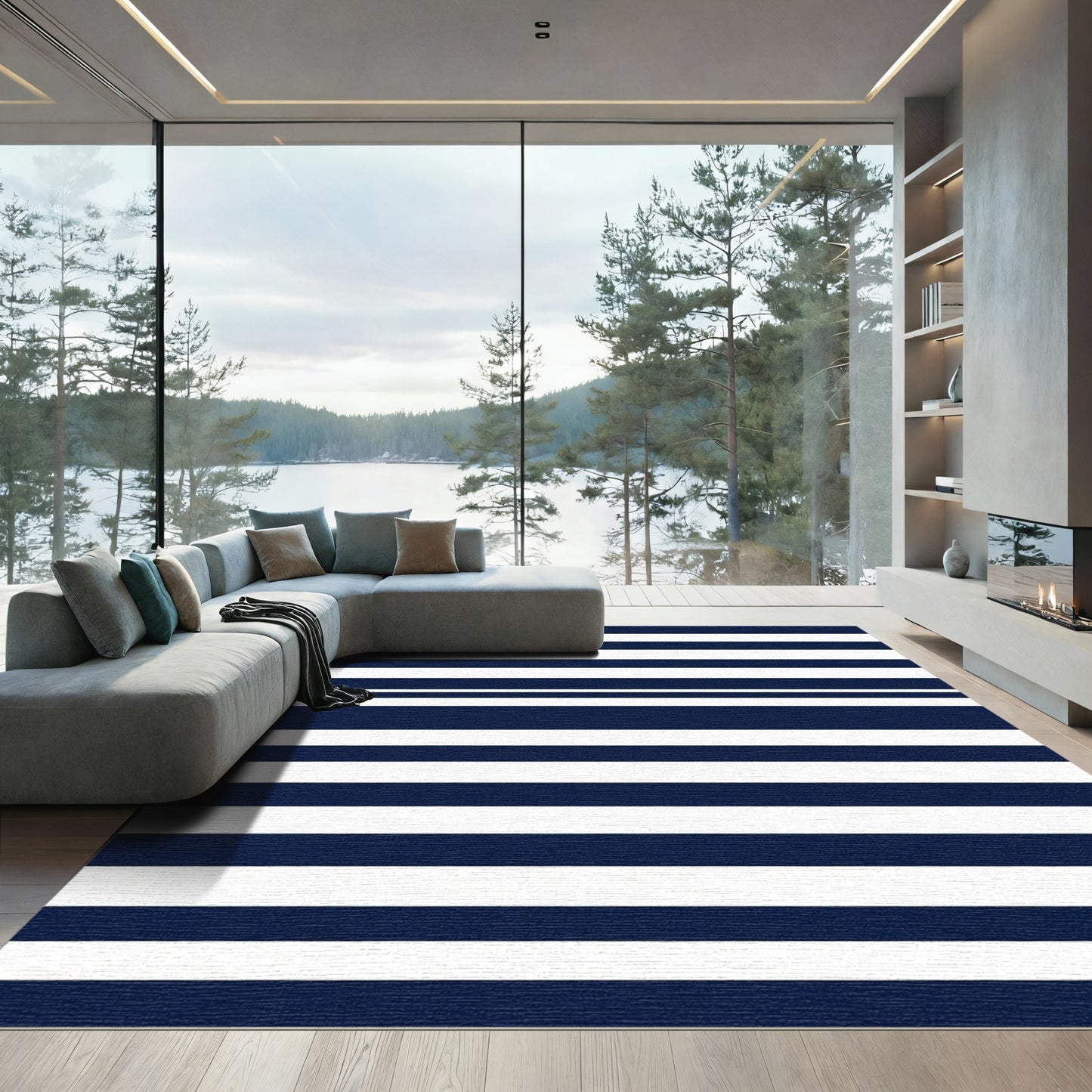 Classic Navy White Horizontal Stripes Rug