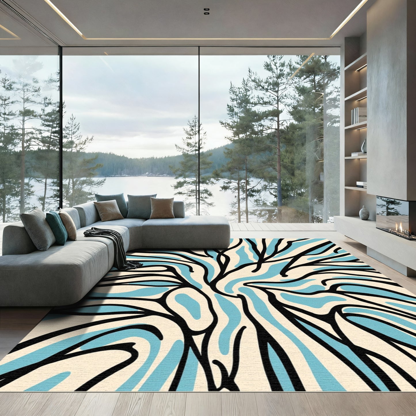 Cream Blue Black Abstract Swirl Rug