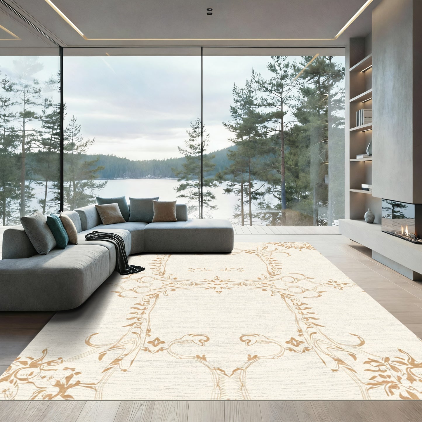 Antique Gold Scrollwork Floral Frame Rug