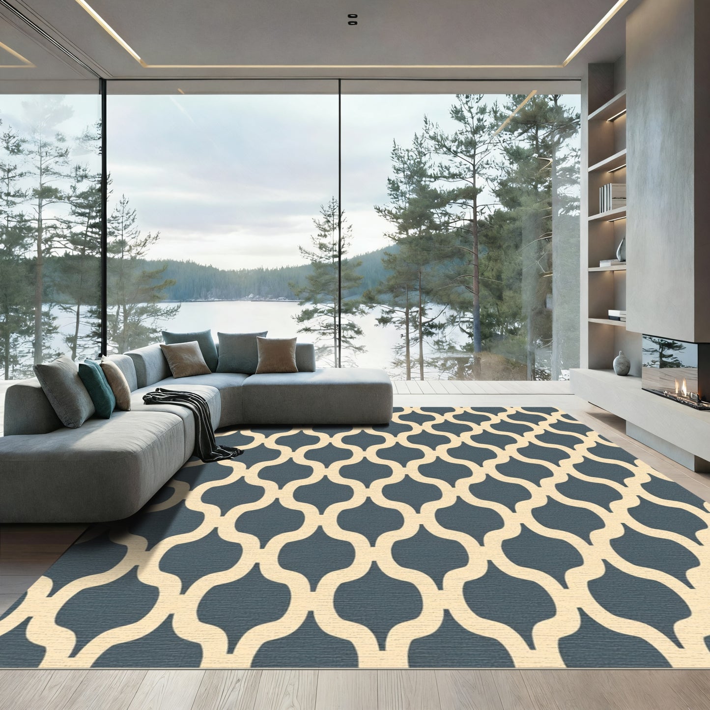 Navy Cream Arabesque Lattice Rug