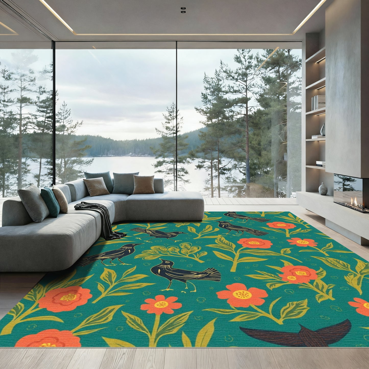 Teal Orange Floral Bird Companions Rug