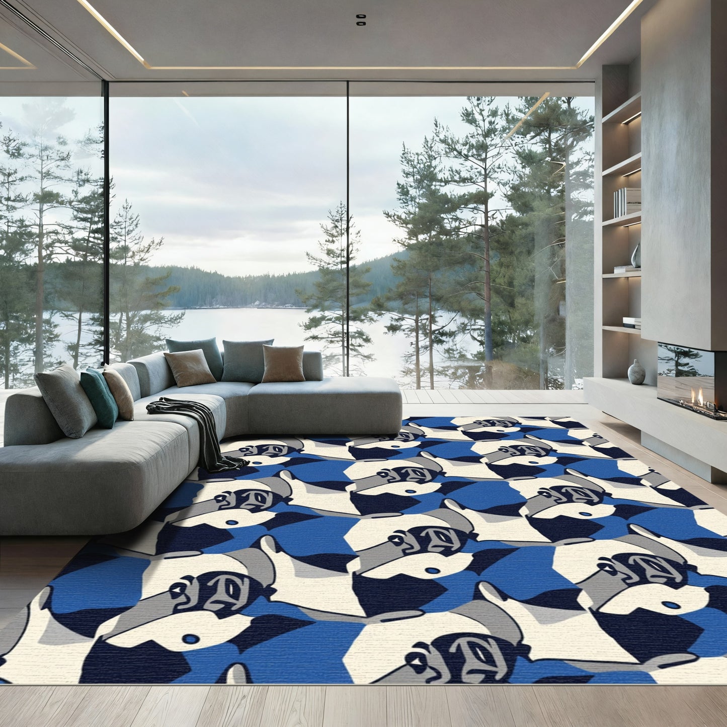 Bold Blue Grayscale Abstract Figures Rug