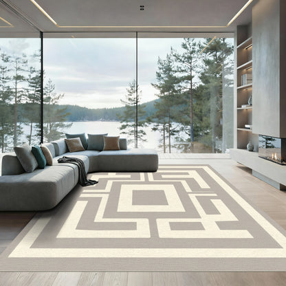 Beige Geometric Maze Square Rug