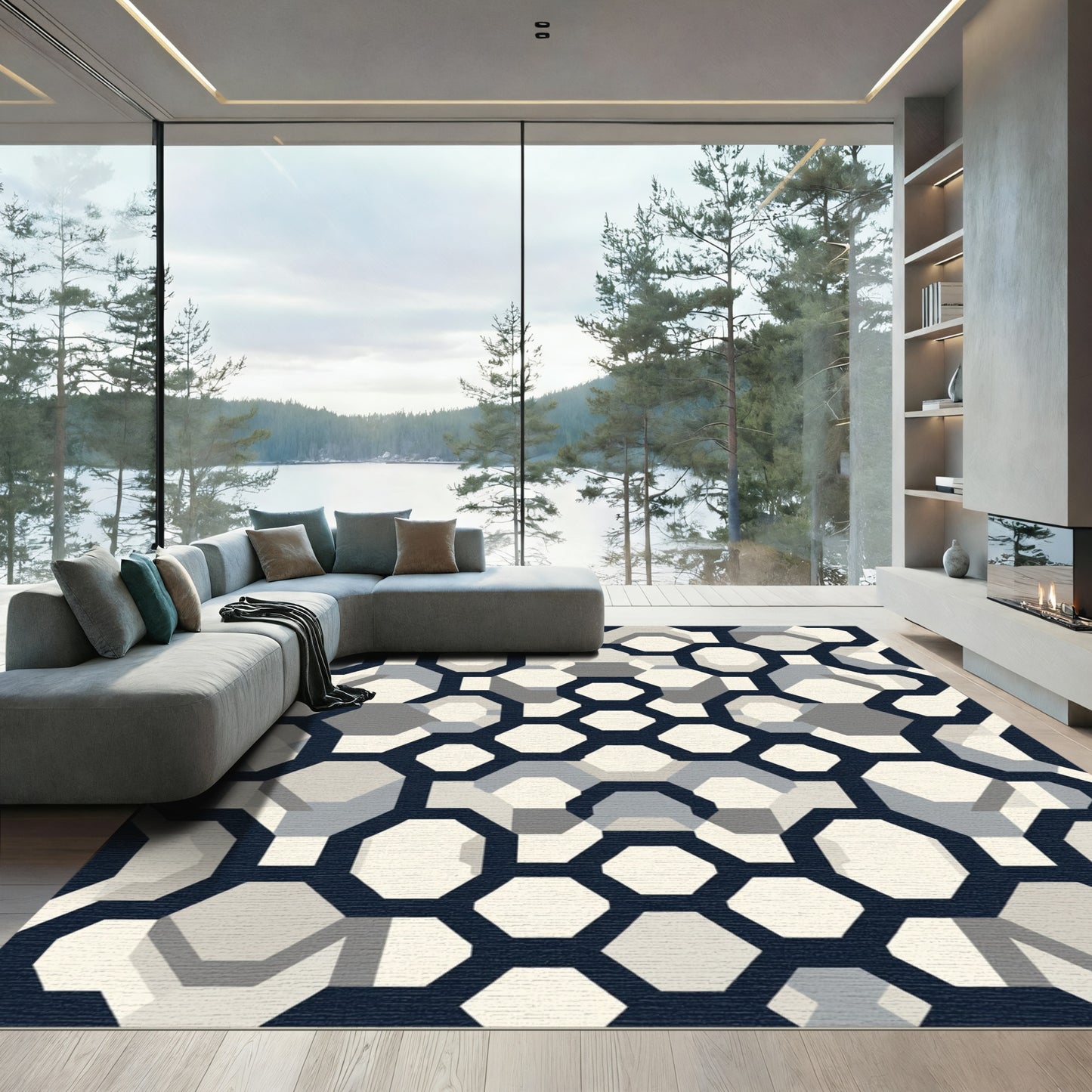 Deep Blue Geometric Link Lattice Rug