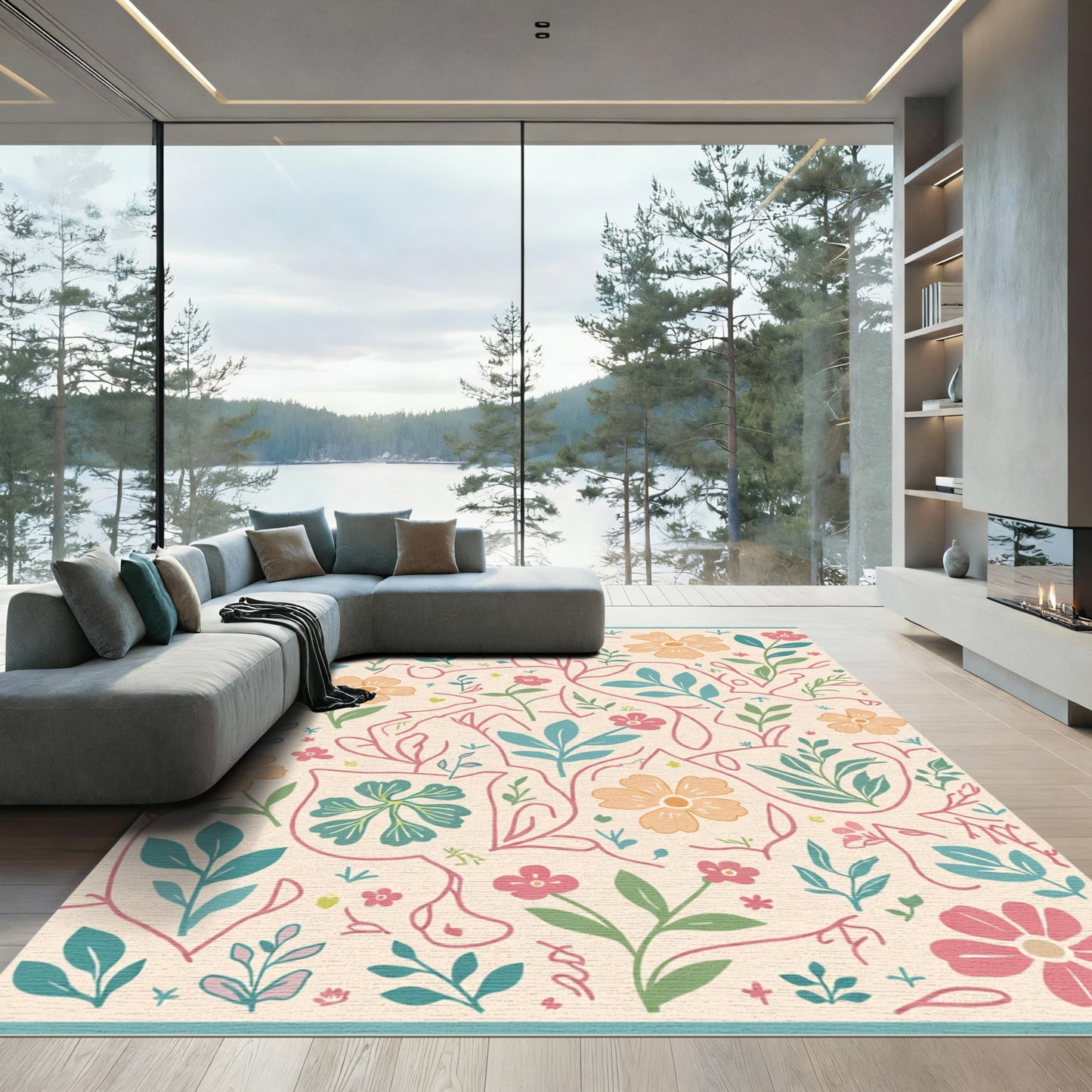Soft Cream and Coral Floral Vine Art Rug