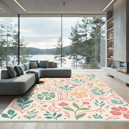 Soft Cream and Coral Floral Vine Art Rug