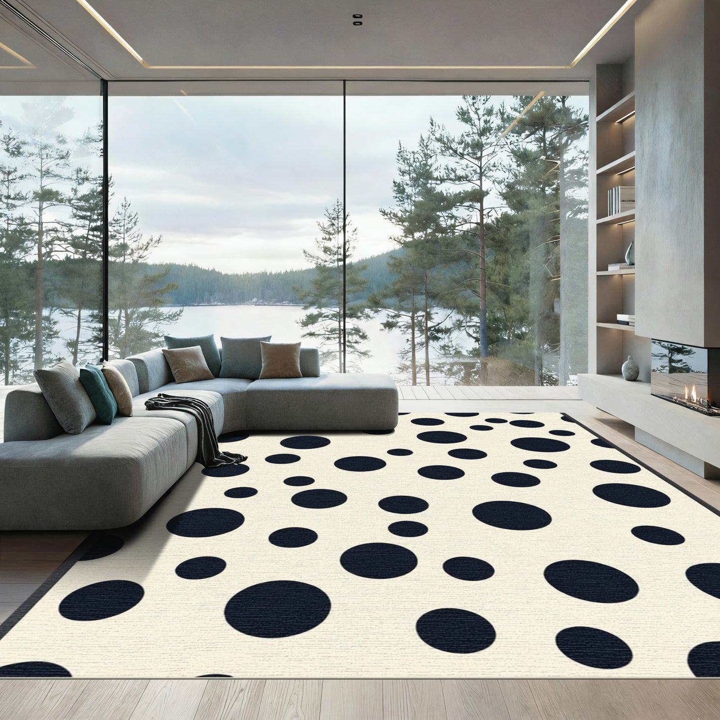 Cream Black Scattered Circles Rug