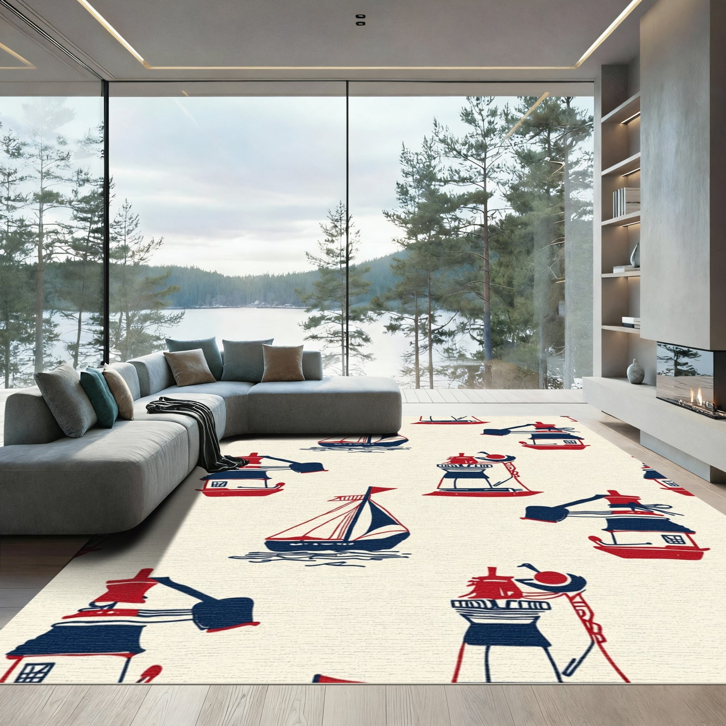 Nautical Red Blue Sailboat Lighthouse Scene Rug