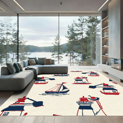 Nautical Red Blue Sailboat Lighthouse Scene Rug